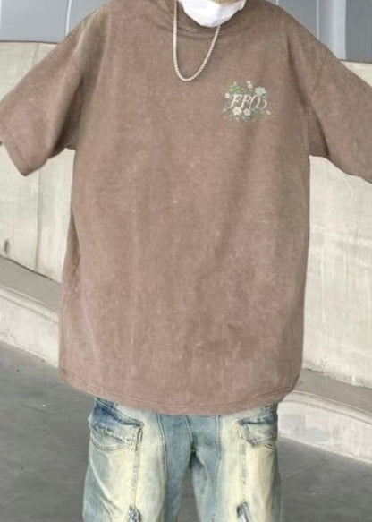 Khaki Cotton Half T Men Cozy Vintage Sleeve Print Shirts