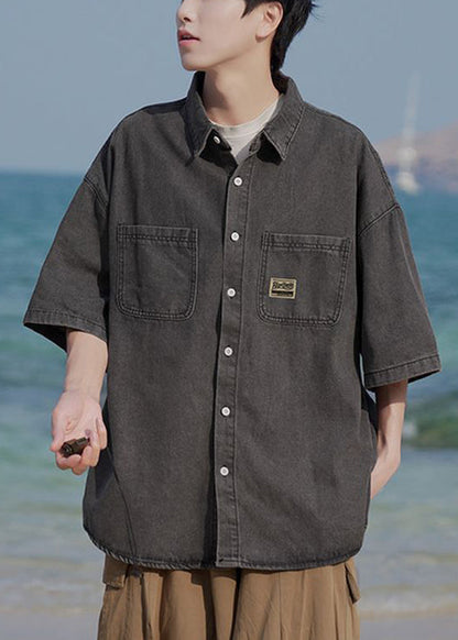 Blue Shirts Denim Pockets Collar Peter Button Vintage Pan Light