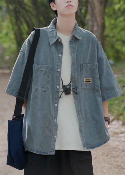 Blue Shirts Denim Pockets Collar Peter Button Vintage Pan Light