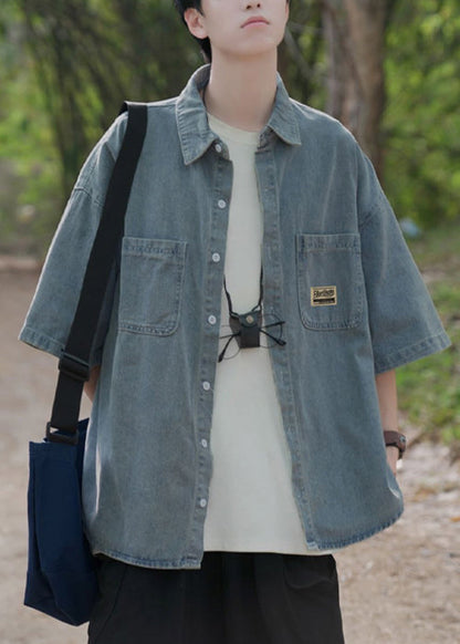 Blue Shirts Denim Pockets Collar Peter Button Vintage Pan Light