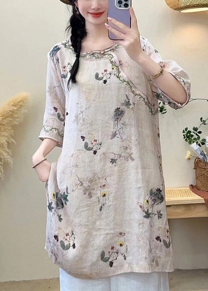 Chemise vintage en lin à manches courtes et imprimé vert clair JH028