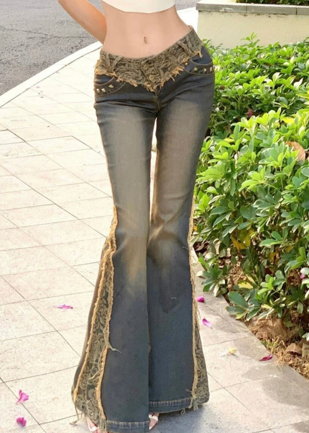 Vintage Low Waist Patchwork Lace Denim Flared Trousers Spring YF027