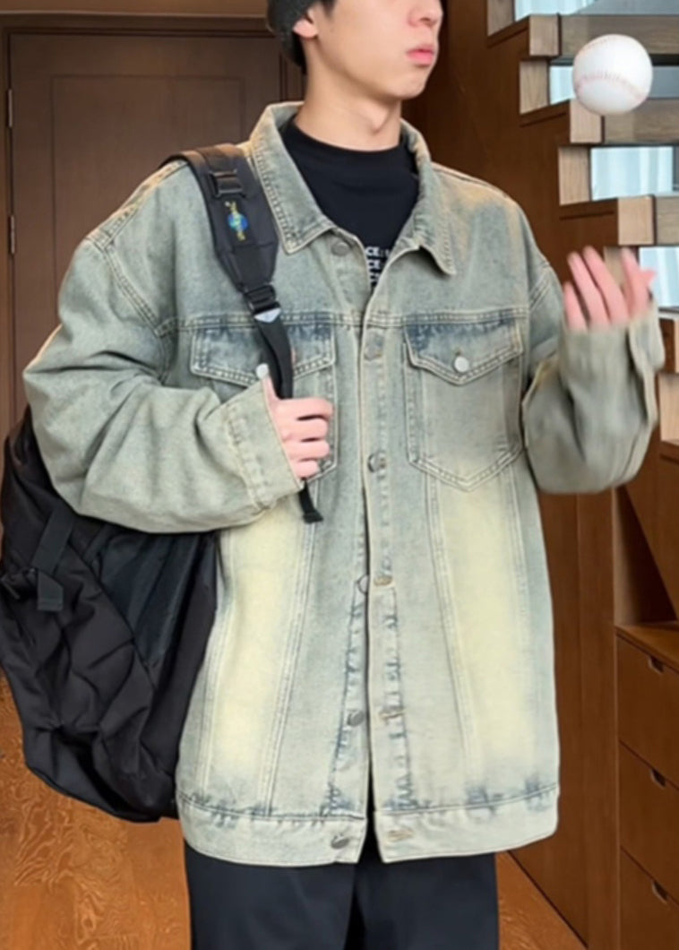 Mens Vintage Yellow Coats Denim Collar Peter Mud Pan Button