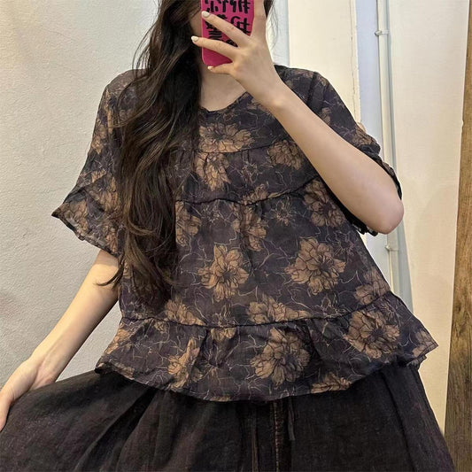 Vintage Marineblaues Patchwork Leinen Top Sommer VB1063