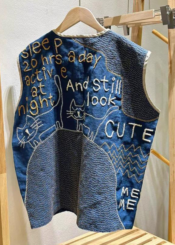 Vintage Navy Embroideried Sleeveless Linen Vest Beach