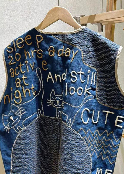 Vintage Navy Embroideried Sleeveless Linen Vest Beach