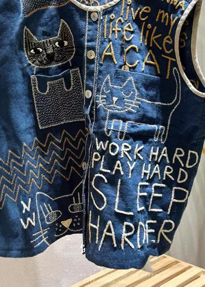 Vintage Navy Embroideried Sleeveless Linen Vest Beach