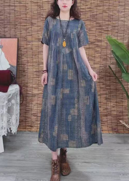 Dress Oversized Cotton Summer Vintage Print Navy