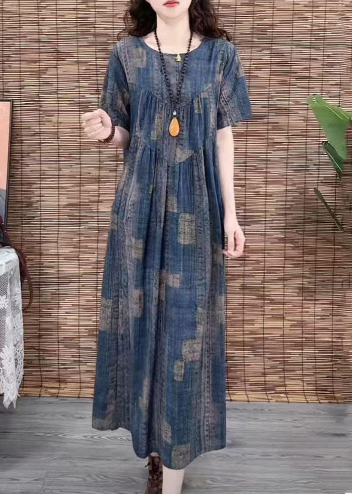 Summer Oversized Cotton Print Vintage Navy Dress