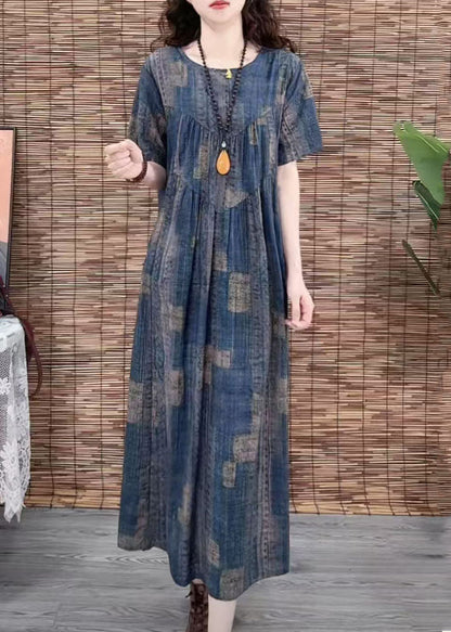 Dress Oversized Cotton Summer Vintage Print Navy