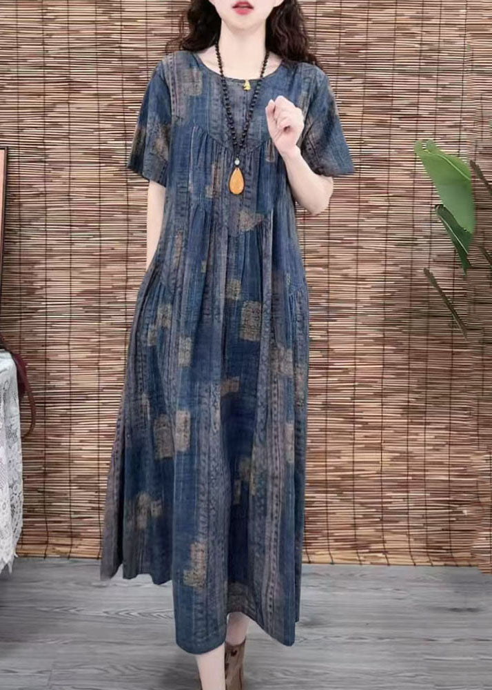 Dress Oversized Cotton Summer Vintage Print Navy