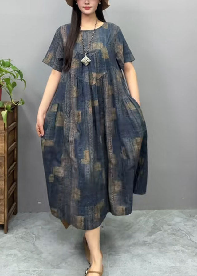 Dress Oversized Cotton Summer Vintage Print Navy