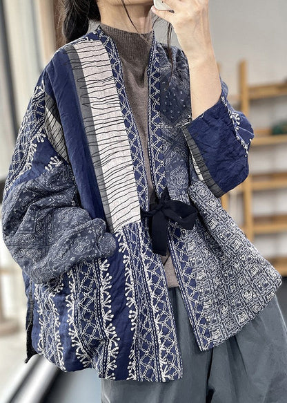 Vintage Navy Oversized Print Fine Cotton Filled Jackets Spring OO013