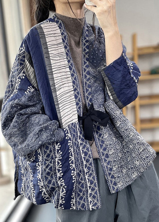 Vintage Navy Oversized Print Fine Cotton Filled Jackets Spring OO013