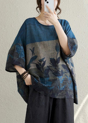 Vintage Linen Print Oversized Summer Tanks Navy