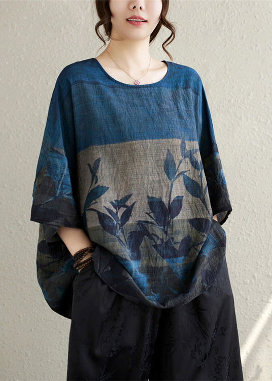 Vintage Linen Print Oversized Summer Tanks Navy