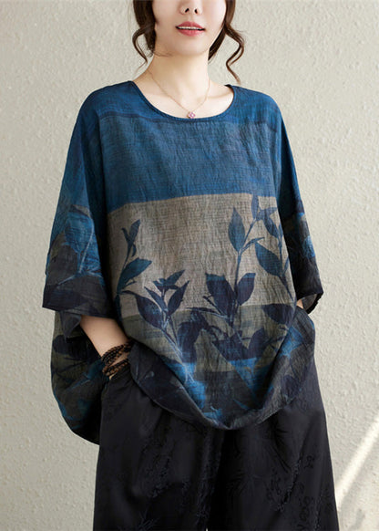 Vintage Linen Print Oversized Summer Tanks Navy