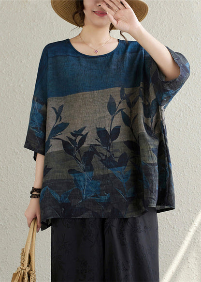 Vintage Linen Print Oversized Summer Tanks Navy