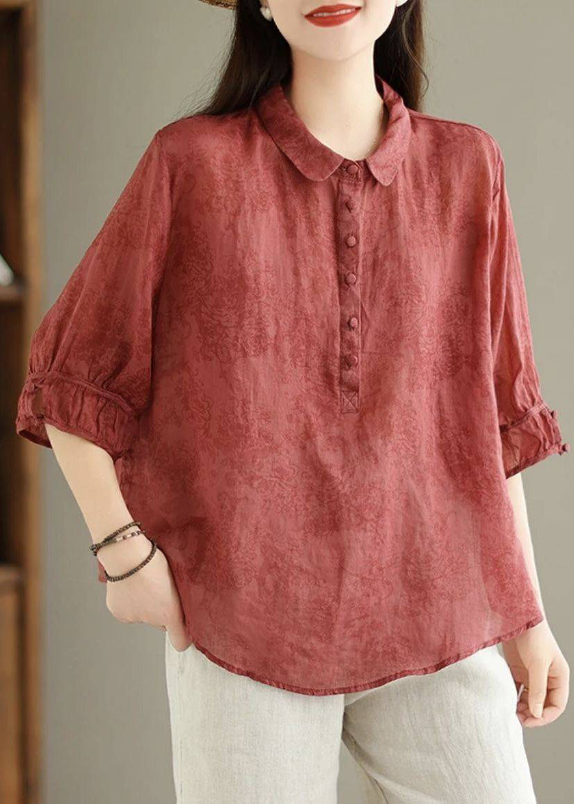 Navy Pan Collar Summer Cotton Vintage Print Peter Shirt Top