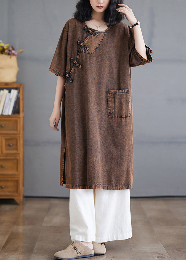 O-Neck Open Short Side Long Button Denim Dresses Vintage Sleeve