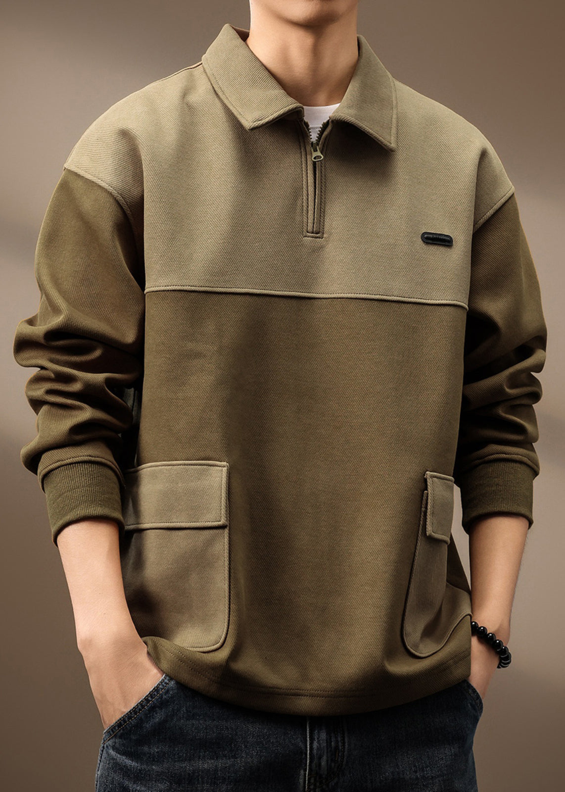 Cotton Spring Zip Green Olive Pockets Mens Vintage Sweatshirt Patchwork Up TC014