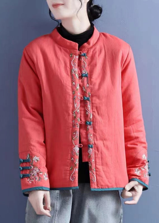 Vintage Orange Embroidered Button Cotton Filled Coats Winter QG038