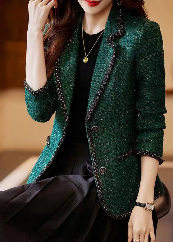 Vintage Peacock Green Patchwork Woolen Coat Spring YJ049