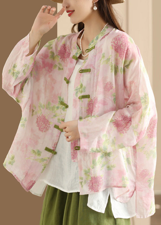 Oriental Oversized Vintage Top Shirt Pink Linen Print Summer