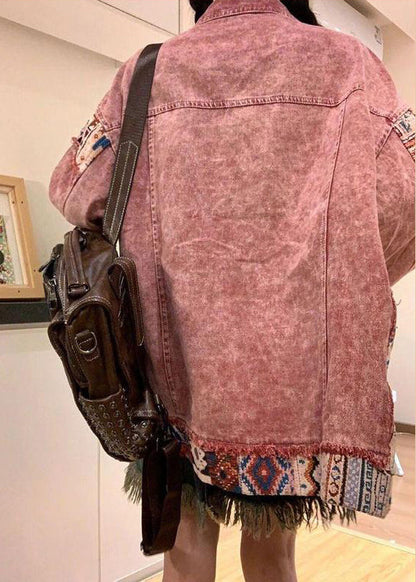 Vintage Pink Spring Pan Collar Denim Patchwork Coat Peter Button