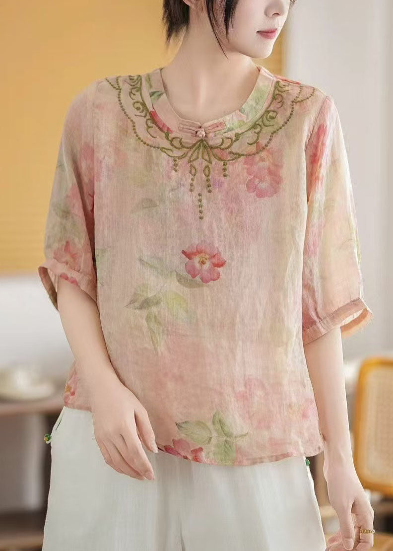 Summer Vintage Linen Chinese Top Pink Style Print