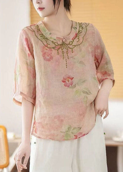 Summer Vintage Linen Chinese Top Pink Style Print