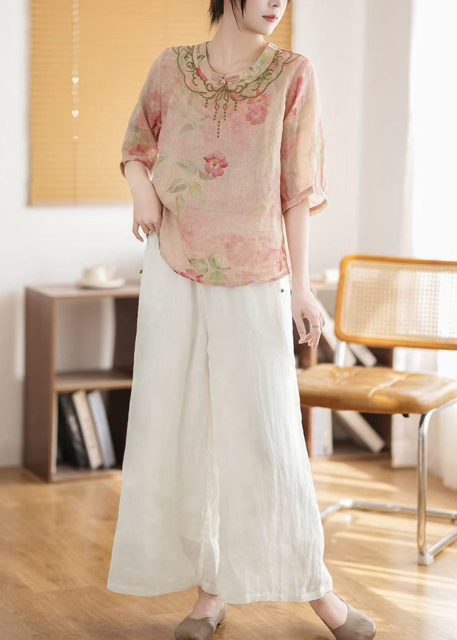 Summer Vintage Linen Chinese Top Pink Style Print