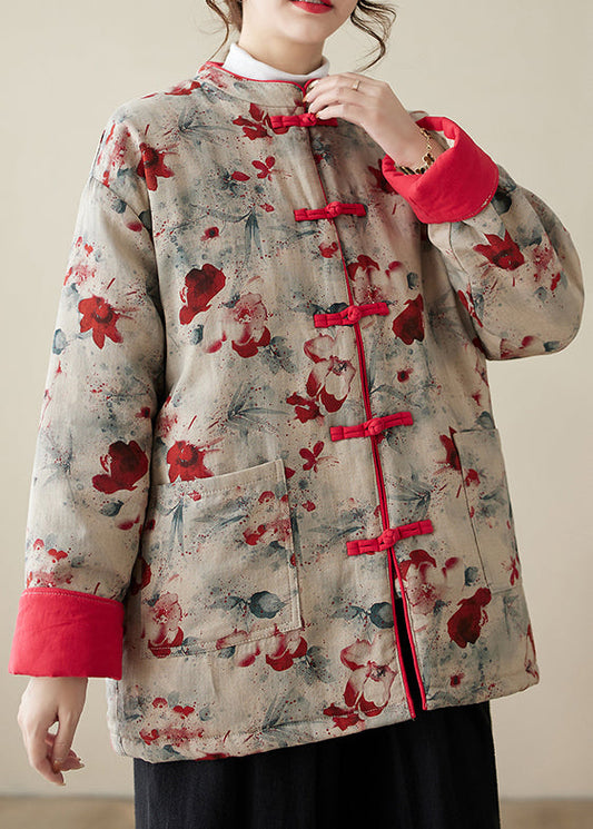 Parka épaisse à col montant avec poches à boutons et imprimé vintage pour l'hiver QG020