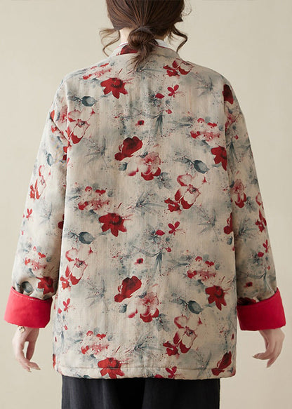 Vintage Print Button Pockets Thick Parka Stand Collar Winter QG020