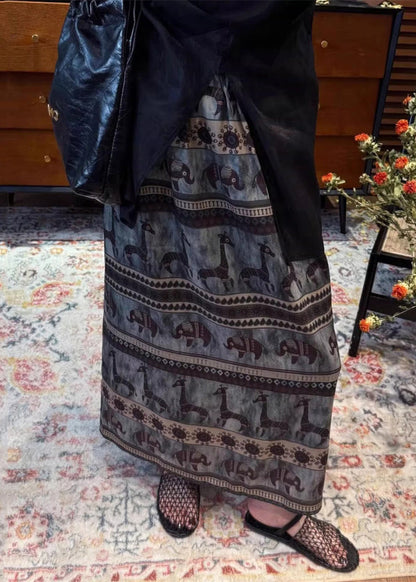Summer Vintage Print Waist Elastic Cotton Skirt Side Open