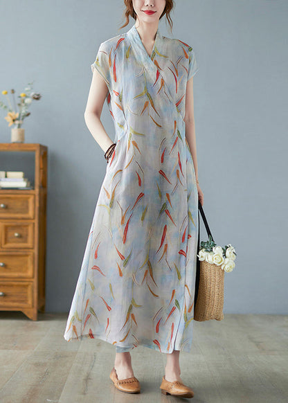 Vintage Print Linen Summer Waist Dress Tie Long