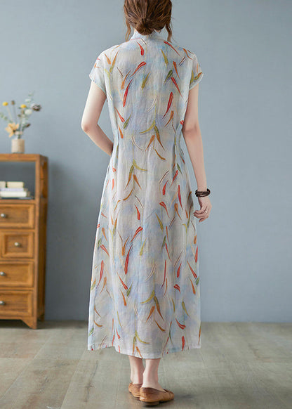 Vintage Print Linen Summer Waist Dress Tie Long