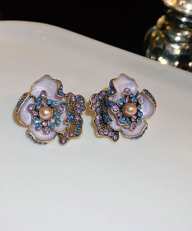 Glaze Pearl Earrings Alloy Drip Vintage Zircon Purple Stud