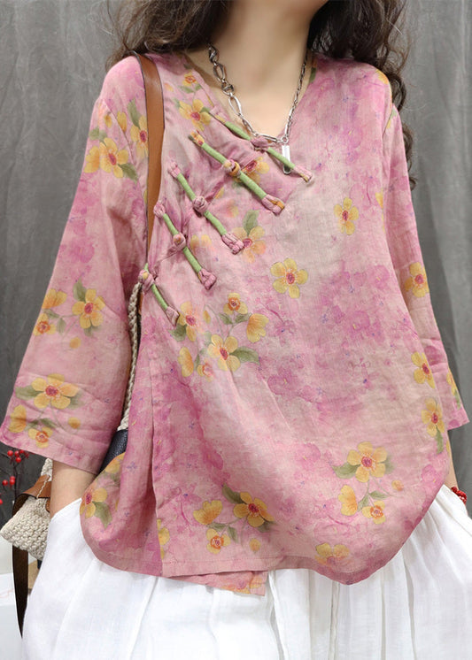 Purple Shirt Button Neck Vintage Linen Chinese Spring V