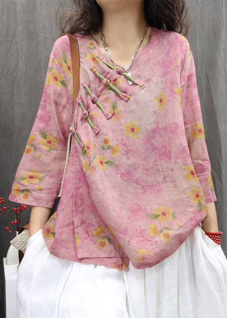 Purple Shirt Button Neck Vintage Linen Chinese Spring V