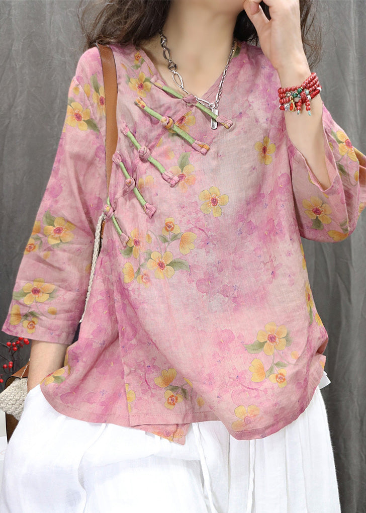 Purple V Button Vintage Chinese Spring Linen Neck Shirt