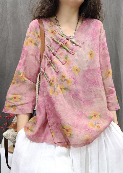 Purple Shirt Button Neck Vintage Linen Chinese Spring V