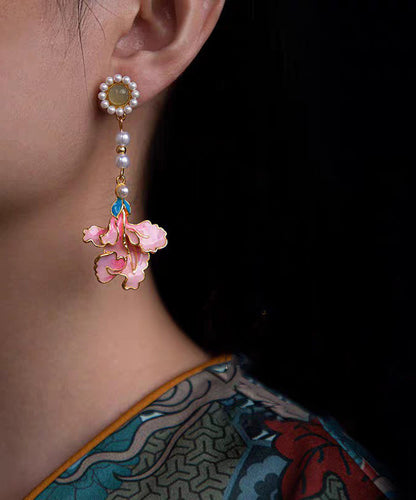 Enameling Tassel Pearl Peony Drop Rainbow Vintage Earrings Alloy