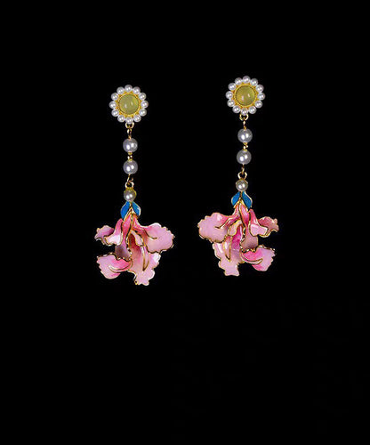 Enameling Tassel Pearl Peony Drop Rainbow Vintage Earrings Alloy