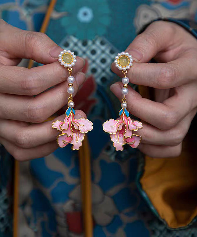 Enameling Tassel Pearl Peony Drop Rainbow Vintage Earrings Alloy