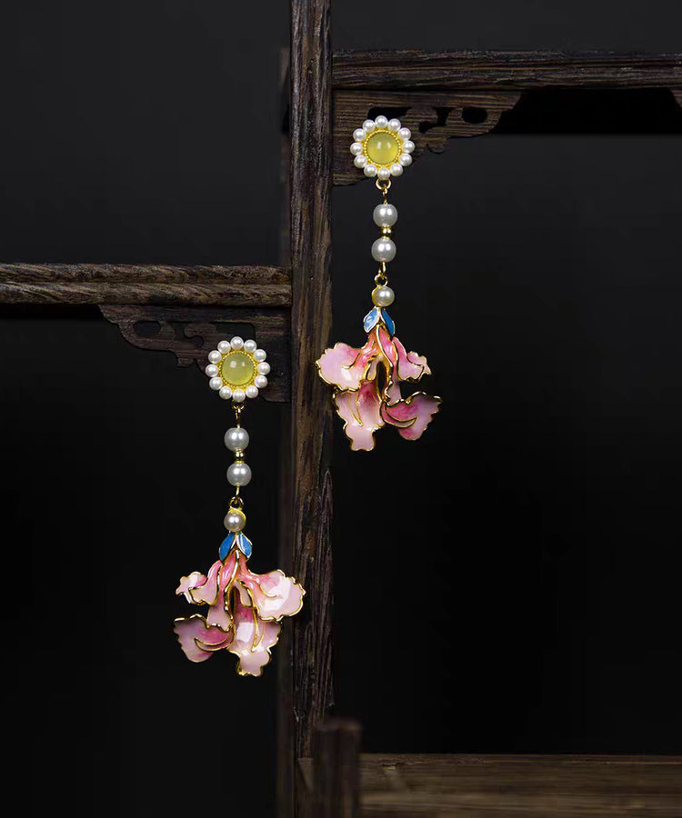 Enameling Tassel Pearl Peony Drop Rainbow Vintage Earrings Alloy