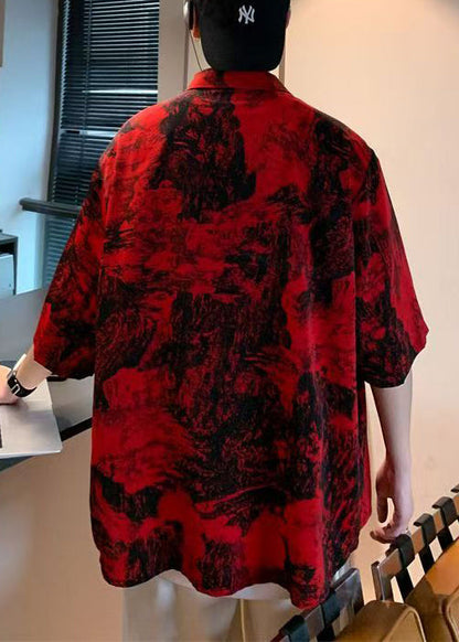 Print Button Sleeve Cotton Shirts Red Vintage Men Half Pockets