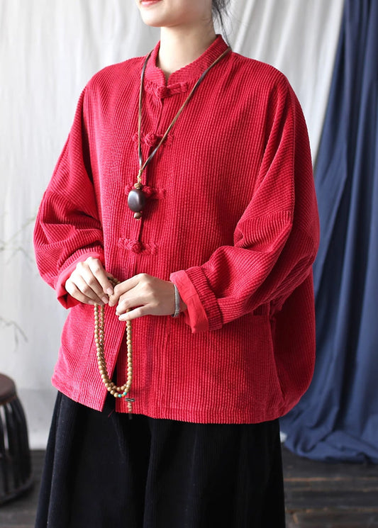 Vintage Red Chinese Button Pockets Corduroy Jackets Spring TJ015