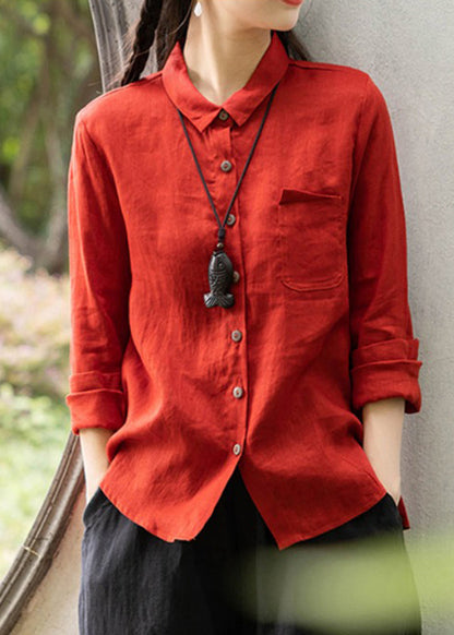 Vintage Red Peter Pan Collar Pockets Shirts Spring VV083