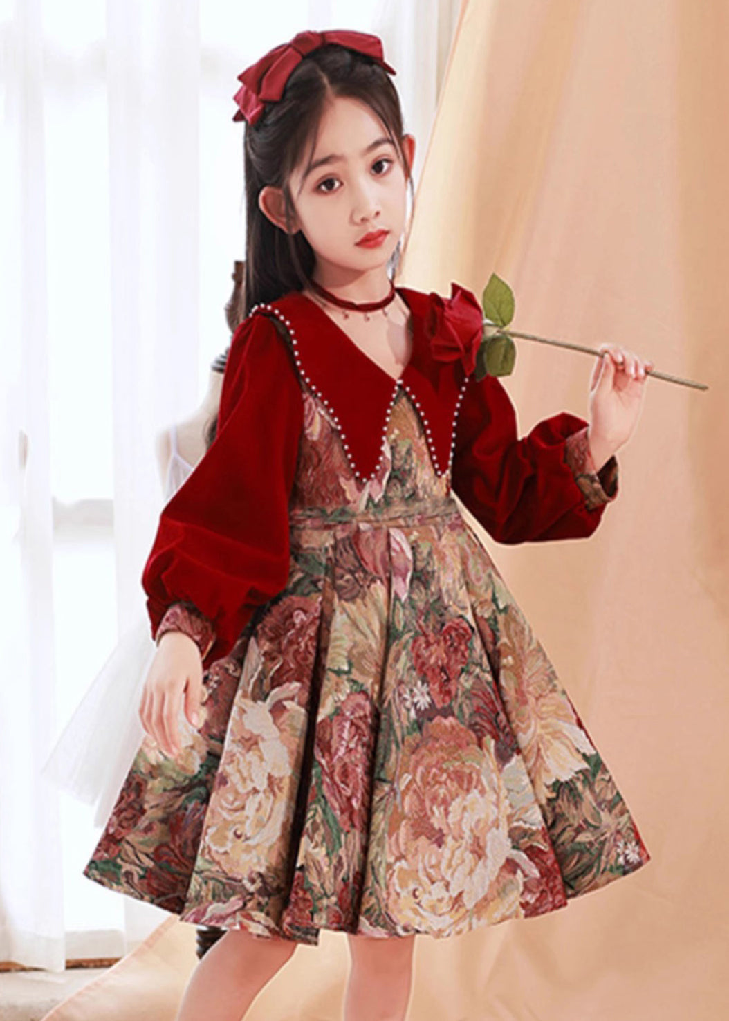 Vintage Collar Pan Dress Peter Red Print Kids Maxi Spring